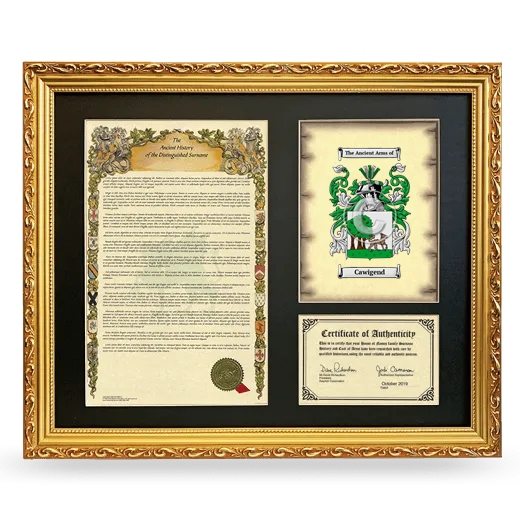 Cawigend Framed Surname History and Coat of Arms- Gold