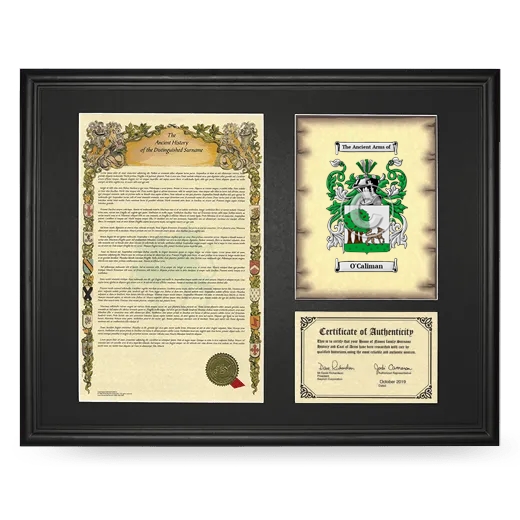 O'Caliman Framed Surname History and Coat of Arms - Black