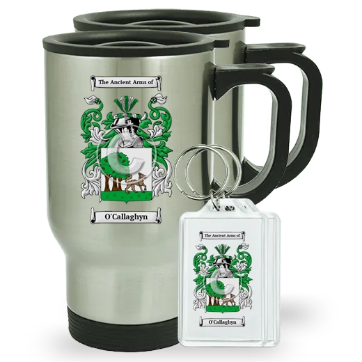 O'Callaghyn Pair of Travel Mugs and pair of Keychains