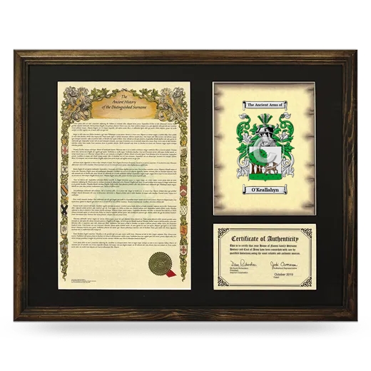 O'Keallahyn Framed Surname History and Coat of Arms - Brown