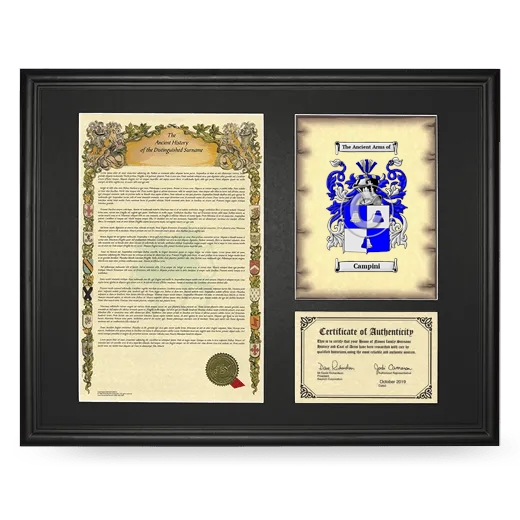 Campini Framed Surname History and Coat of Arms - Black