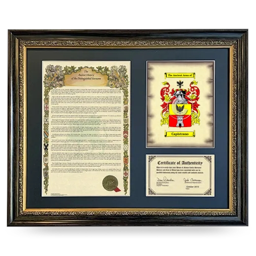 Capistrano Framed Surname History and Coat of Arms- Heirloom