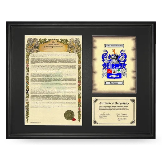 Carlome Framed Surname History and Coat of Arms - Black
