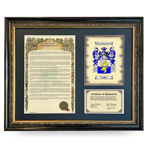 Carlino Framed Surname History and Coat of Arms- Heirloom