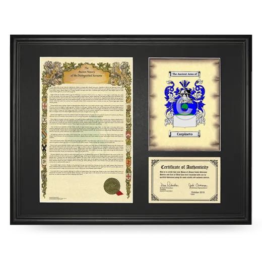 Carpineto Framed Surname History and Coat of Arms - Black