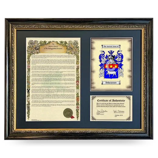 Delacarryer Framed Surname History and Coat of Arms- Heirloom