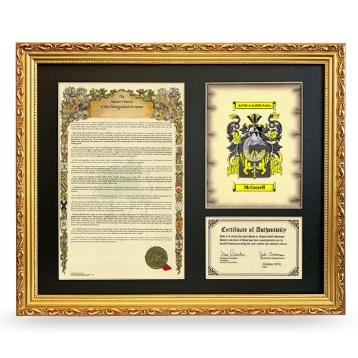 McGarrell Framed Surname History and Coat of Arms- Gold