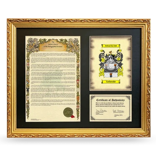 Catherake Framed Surname History and Coat of Arms- Gold
