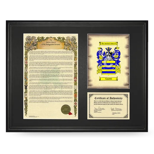 Casetti Framed Surname History and Coat of Arms - Black