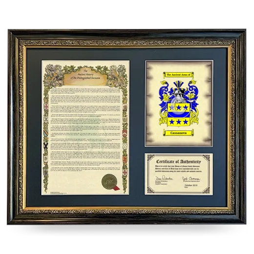 Cassanova Framed Surname History and Coat of Arms- Heirloom