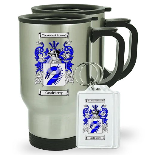 Castleberry Pair of Travel Mugs and pair of Keychains