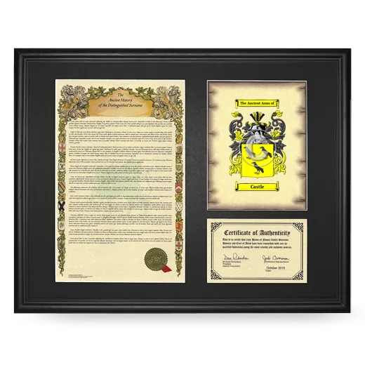 Castle Framed Surname History and Coat of Arms - Black