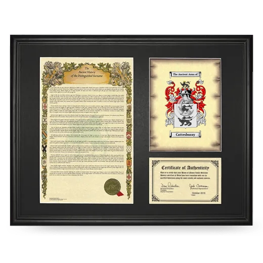 Cattesburay Framed Surname History and Coat of Arms - Black