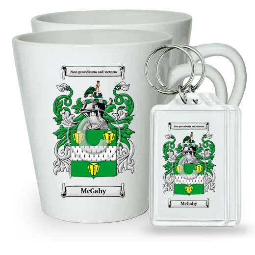 McGahy Pair of Latte Mugs and Pair of Keychains