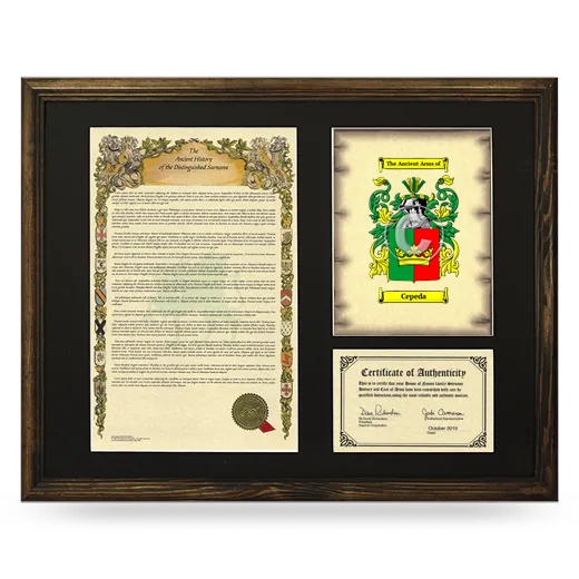 Cepeda Framed Surname History and Coat of Arms - Brown