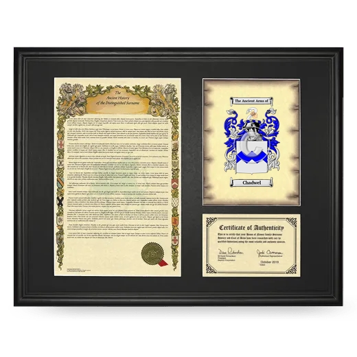 Chadwel Framed Surname History and Coat of Arms - Black