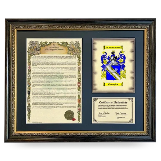 Champine Framed Surname History and Coat of Arms- Heirloom