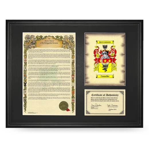 Counciler Framed Surname History and Coat of Arms - Black