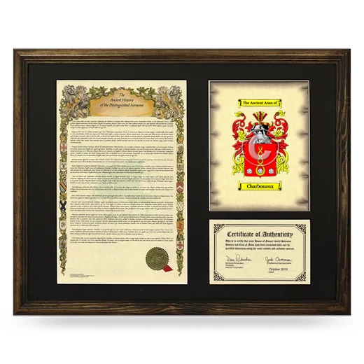 Charbonaux Framed Surname History and Coat of Arms - Brown