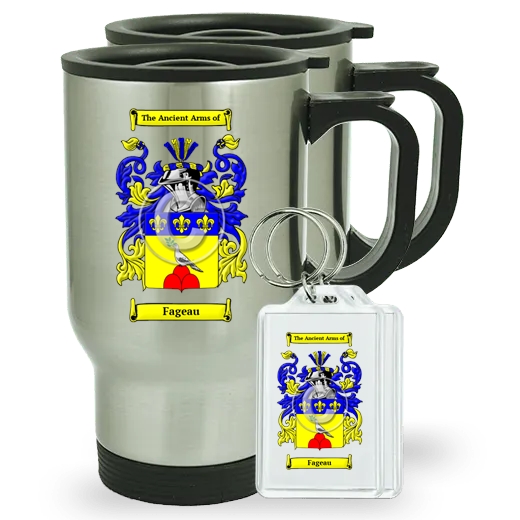 Fageau Pair of Travel Mugs and pair of Keychains