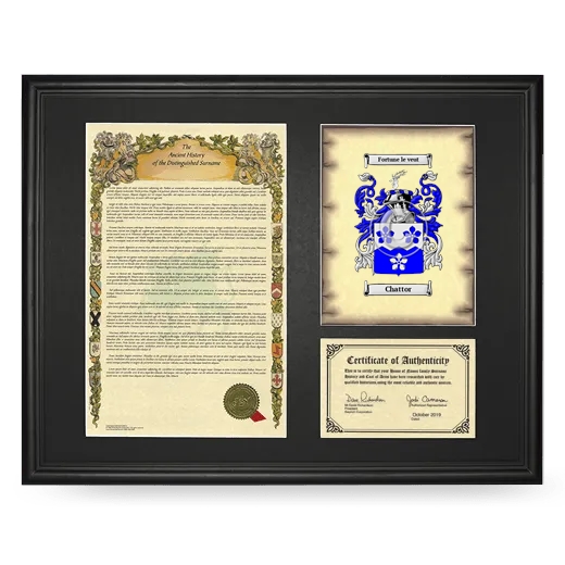 Chattor Framed Surname History and Coat of Arms - Black