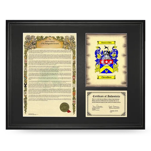 Chevalliere Framed Surname History and Coat of Arms - Black