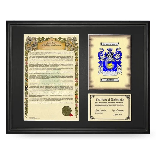 Chiarelli Framed Surname History and Coat of Arms - Black