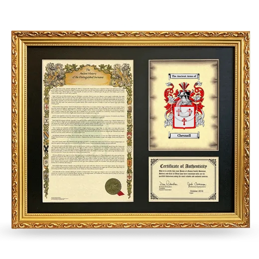 Chesnall Framed Surname History and Coat of Arms- Gold