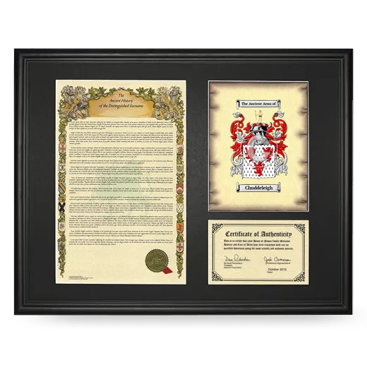 Chuddeleigh Framed Surname History and Coat of Arms - Black