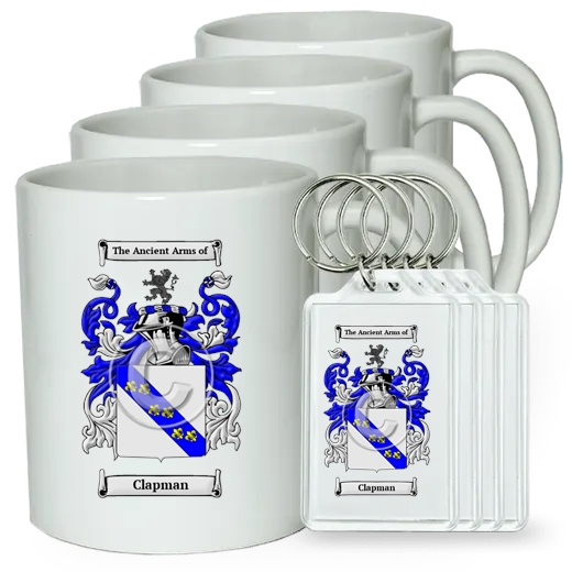 Clapman Set of 4 Coffee Mugs and Keychains