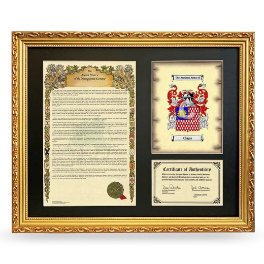 Claps Framed Surname History and Coat of Arms- Gold