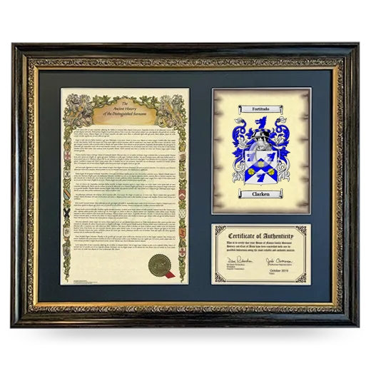 Clarken Framed Surname History and Coat of Arms- Heirloom