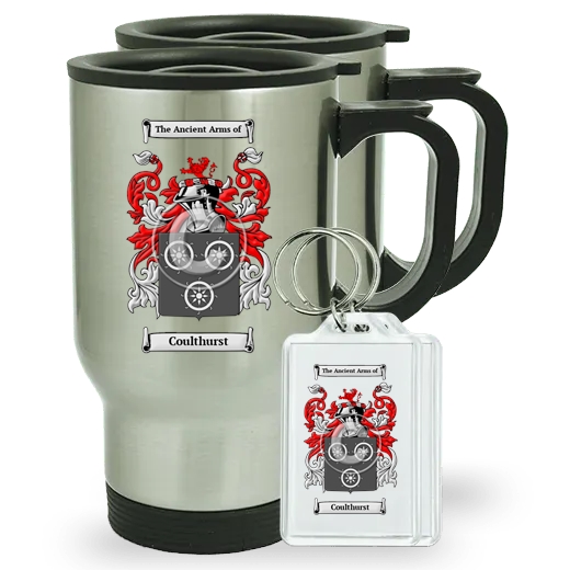 Coulthurst Pair of Travel Mugs and pair of Keychains