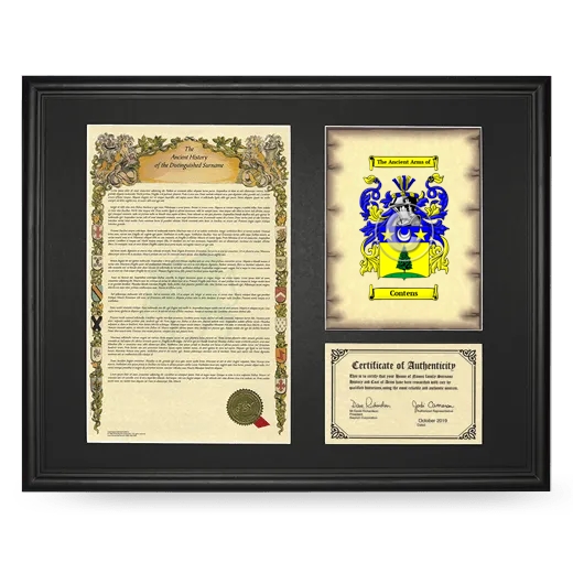 Contens Framed Surname History and Coat of Arms - Black