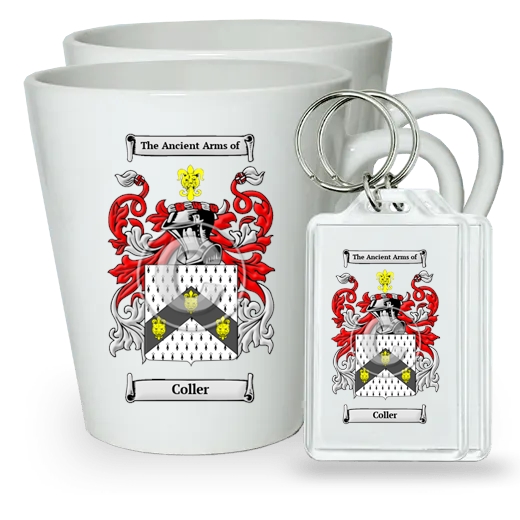 Coller Pair of Latte Mugs and Pair of Keychains