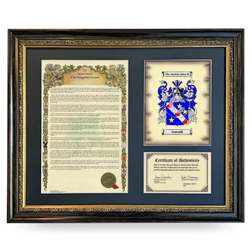 Corradi Framed Surname History and Coat of Arms- Heirloom