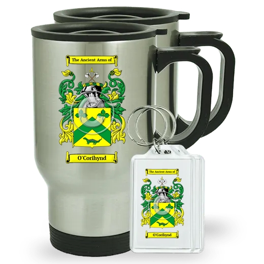 O'Corihynd Pair of Travel Mugs and pair of Keychains