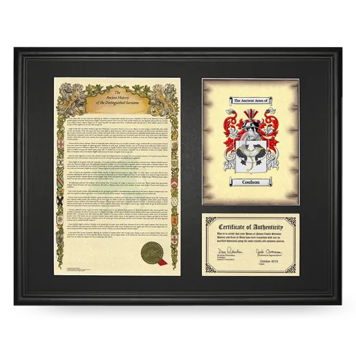 Coulson Framed Surname History and Coat of Arms - Black