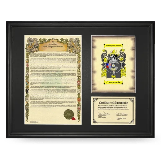 Cramptoombe Framed Surname History and Coat of Arms - Black