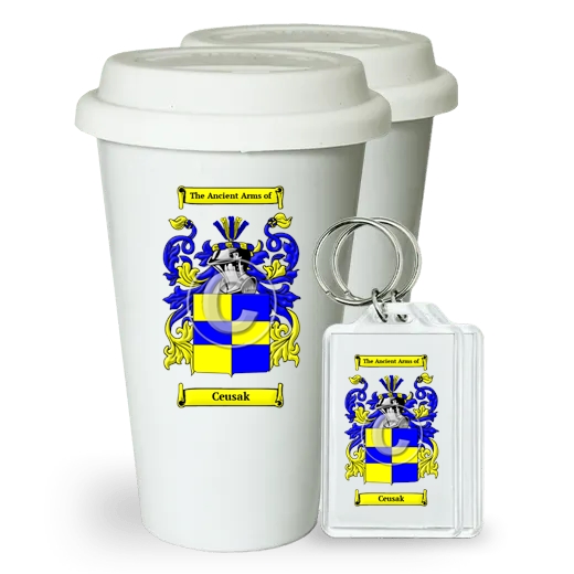 Ceusak Pair of Ceramic Tumblers with Lids and Keychains