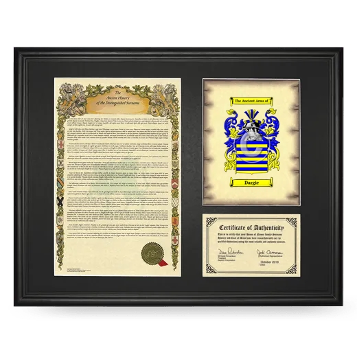 Dargie Framed Surname History and Coat of Arms - Black