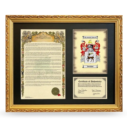 Devisint Framed Surname History and Coat of Arms- Gold