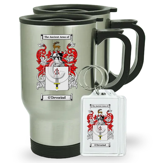 O'Devorind Pair of Travel Mugs and pair of Keychains