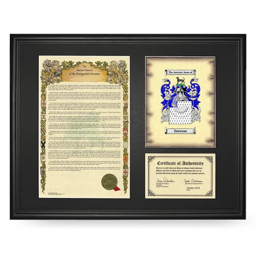 Doreson Framed Surname History and Coat of Arms - Black