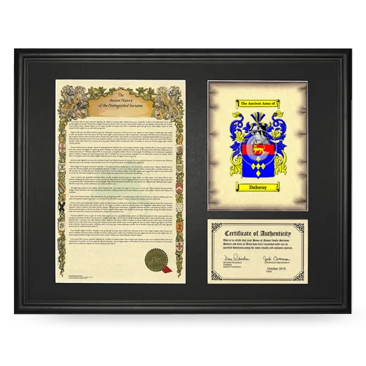 Dalorny Framed Surname History and Coat of Arms - Black