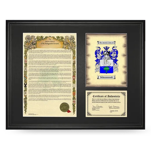 Delassaurault Framed Surname History and Coat of Arms - Black