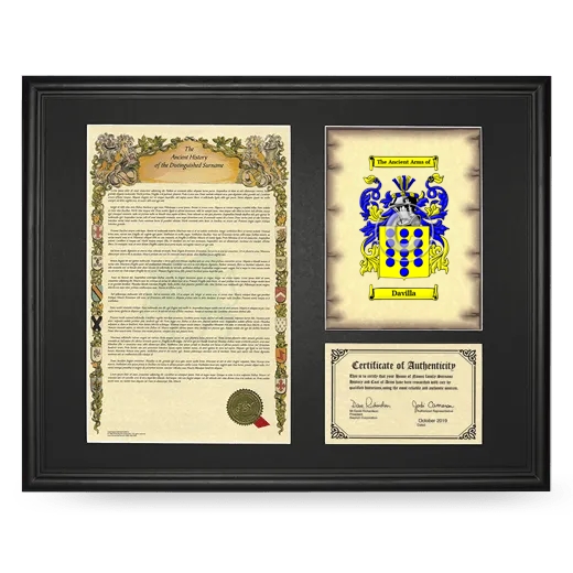 Davilla Framed Surname History and Coat of Arms - Black