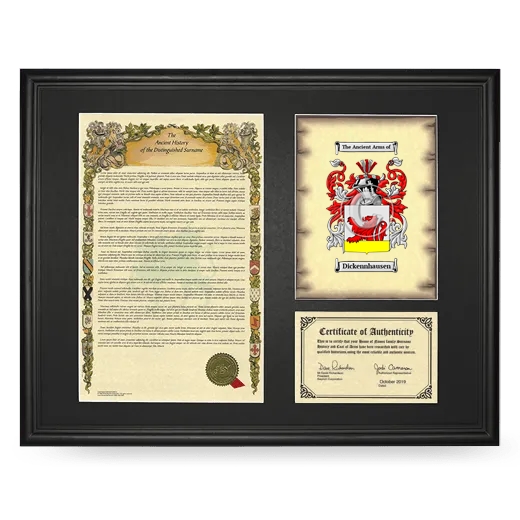 Dickennhausen Framed Surname History and Coat of Arms - Black