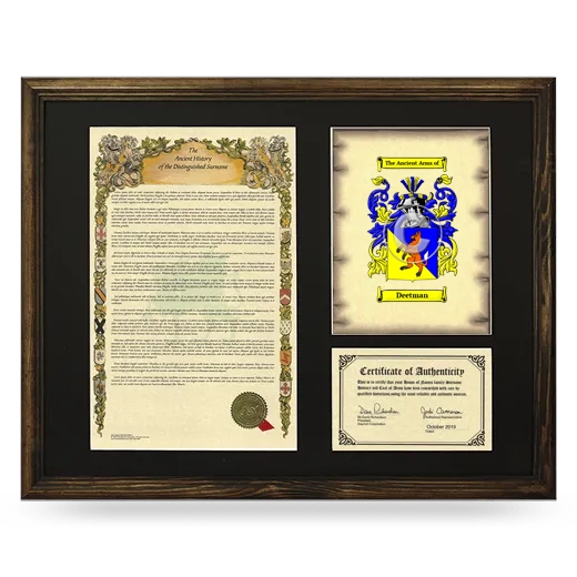 Deetman Framed Surname History and Coat of Arms - Brown