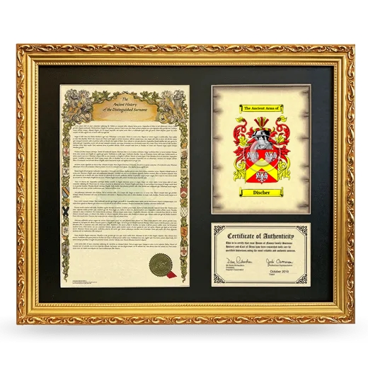 Discher Framed Surname History and Coat of Arms- Gold
